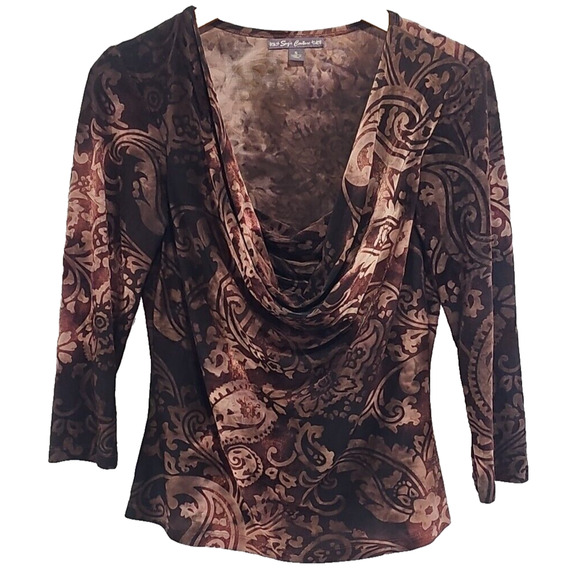 Suzie Couture Brown Paisley Velvet Burnout Cowl Neck Top Size Small Whimsigoth - Picture 1 of 7